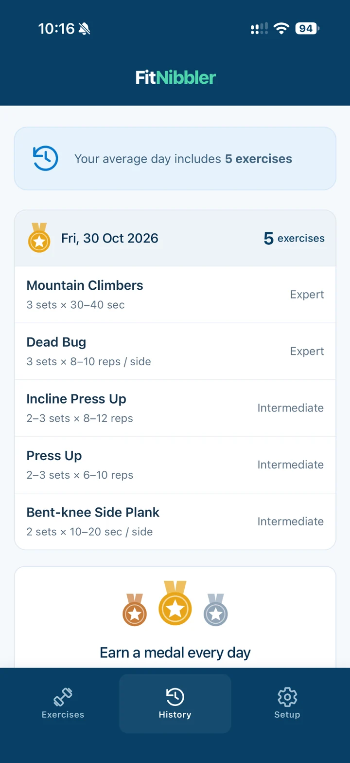 FitNibbler history showing completed exercises, daily medals and an average exercise count